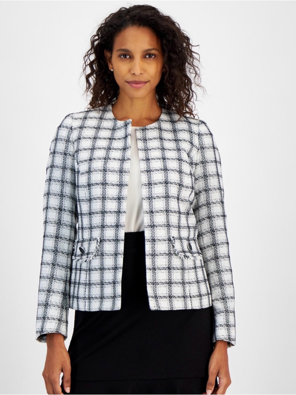 Kasper White and Black Checked Collarless Tweed Blazer
